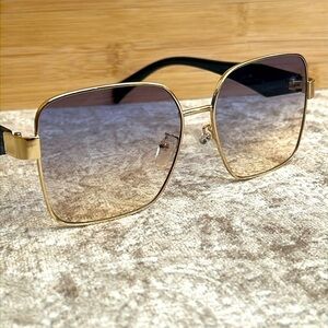 NWOT John Varvatos Square Frame Gold Tone Rim Sunglasses Blue Gradient Lens